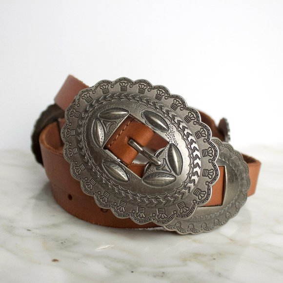 Vintage genuine brown leather concho belt